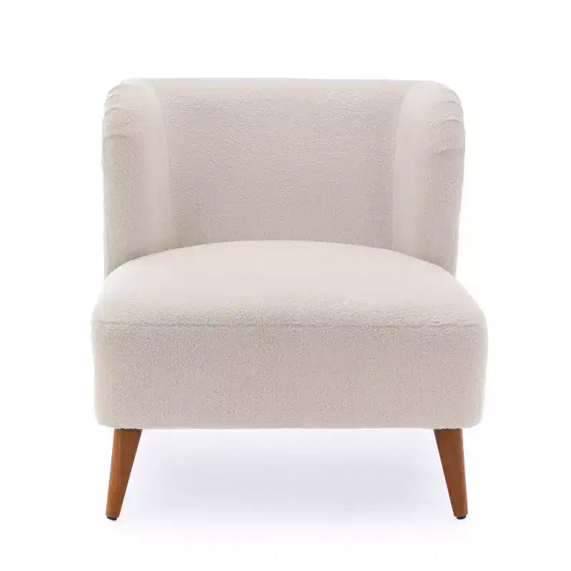 Comfort Pointe Poltrona accento Vesper Bouclé bianco latte: senza braccioli, a pozzetto, gambe in legno, cuscino in schiuma