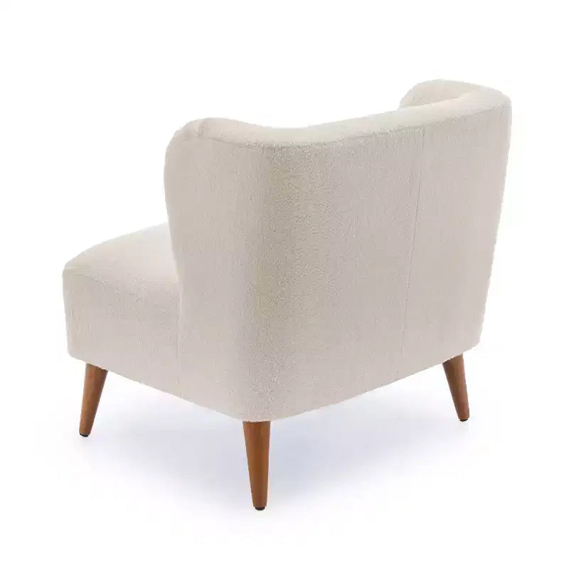 Comfort Pointe Poltrona accento Vesper Bouclé bianco latte: senza braccioli, a pozzetto, gambe in legno, cuscino in schiuma