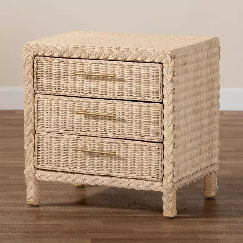 Bali & Pari Lanica Comodino a 3 cassetti in rattan, marrone chiaro