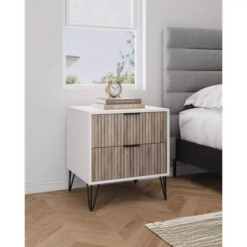 Manhattan Comfort Dumbo Comodino 2 Cassetti Bianco/Grigio Rustico: Comodino Moderno con Guide Metalliche, Struttura in MDF