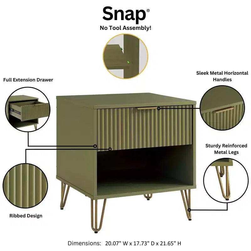 Manhattan Comfort Dumbo Comodino con Cassetto Verde Oliva: Moderno Comodino in MDF, Guide in Metallo, Ripiano Contenitore