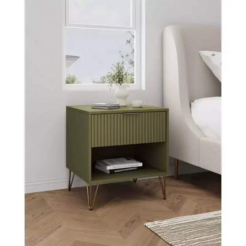 Manhattan Comfort Dumbo Comodino con Cassetto Verde Oliva: Moderno Comodino in MDF, Guide in Metallo, Ripiano Contenitore