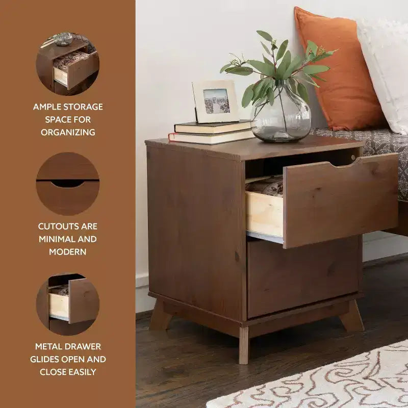 Pensy Comodino a 2 Cassetti in Legno Massello Stile Mid-Century Modern, Noce - Powell