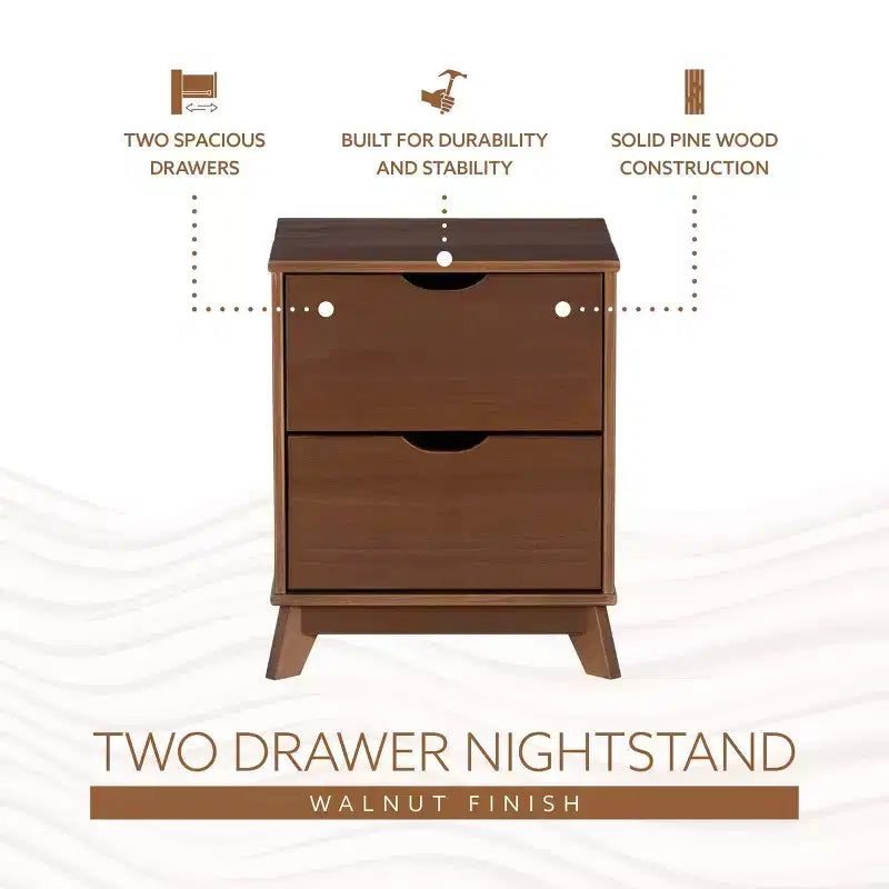 Pensy Comodino a 2 Cassetti in Legno Massello Stile Mid-Century Modern, Noce - Powell