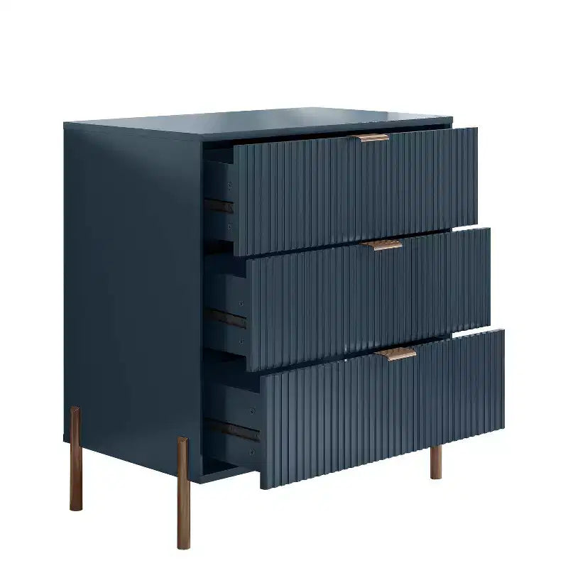 Comodini Festivo 3 pezzi con 3 cassetti Modern Elegance e cassettiera a 5 cassetti, colore blu navy