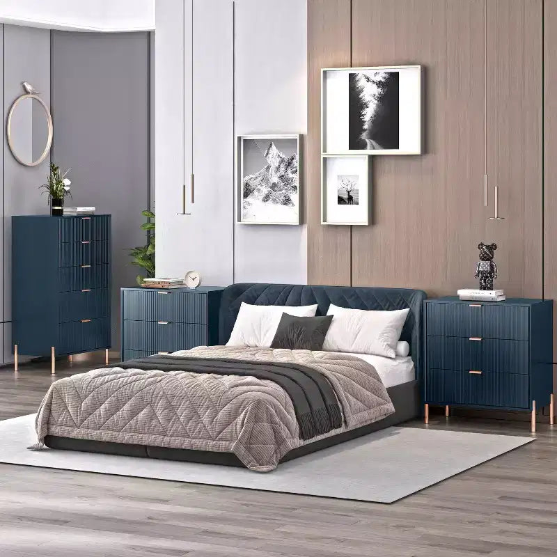 Comodini Festivo 3 pezzi con 3 cassetti Modern Elegance e cassettiera a 5 cassetti, colore blu navy