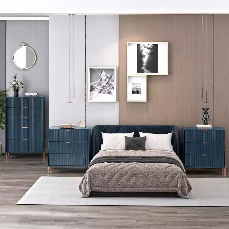 Comodini Festivo 3 pezzi con 3 cassetti Modern Elegance e cassettiera a 5 cassetti, colore blu navy