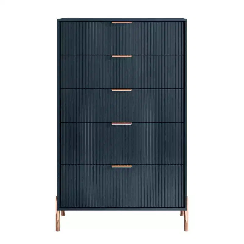 Comodini Festivo 3 pezzi con 3 cassetti Modern Elegance e cassettiera a 5 cassetti, colore blu navy