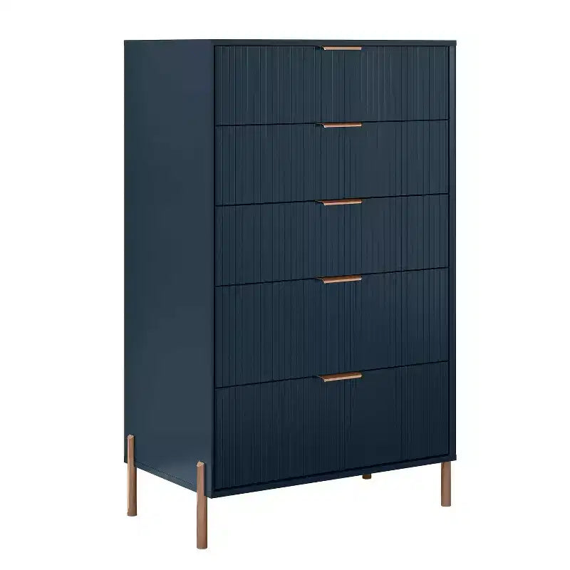 Comodini Festivo 3 pezzi con 3 cassetti Modern Elegance e cassettiera a 5 cassetti, colore blu navy