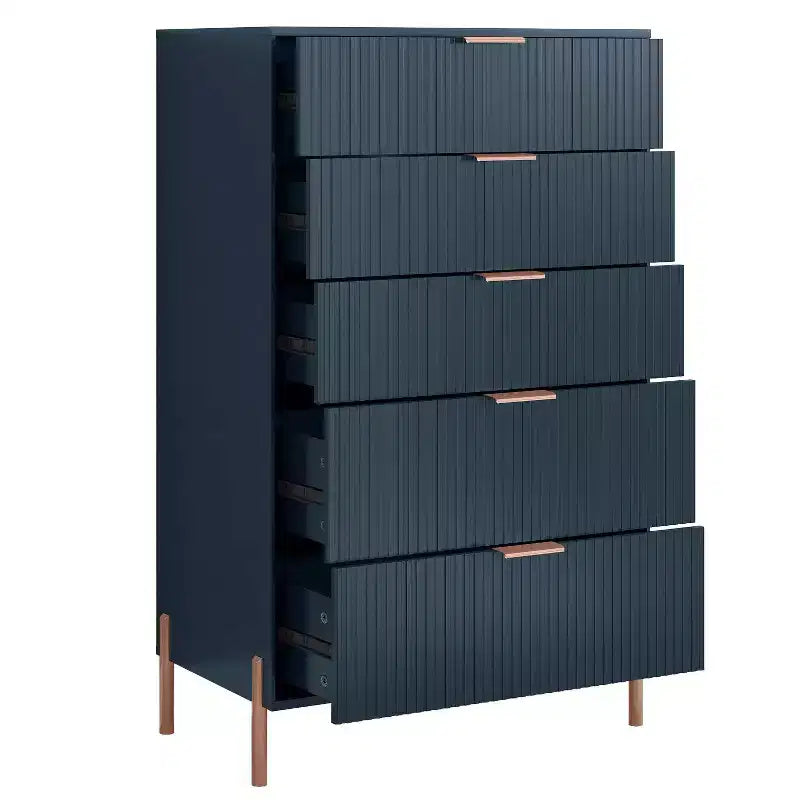 Comodini Festivo 3 pezzi con 3 cassetti Modern Elegance e cassettiera a 5 cassetti, colore blu navy