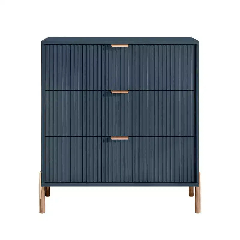 Comodini Festivo 3 pezzi con 3 cassetti Modern Elegance e cassettiera a 5 cassetti, colore blu navy