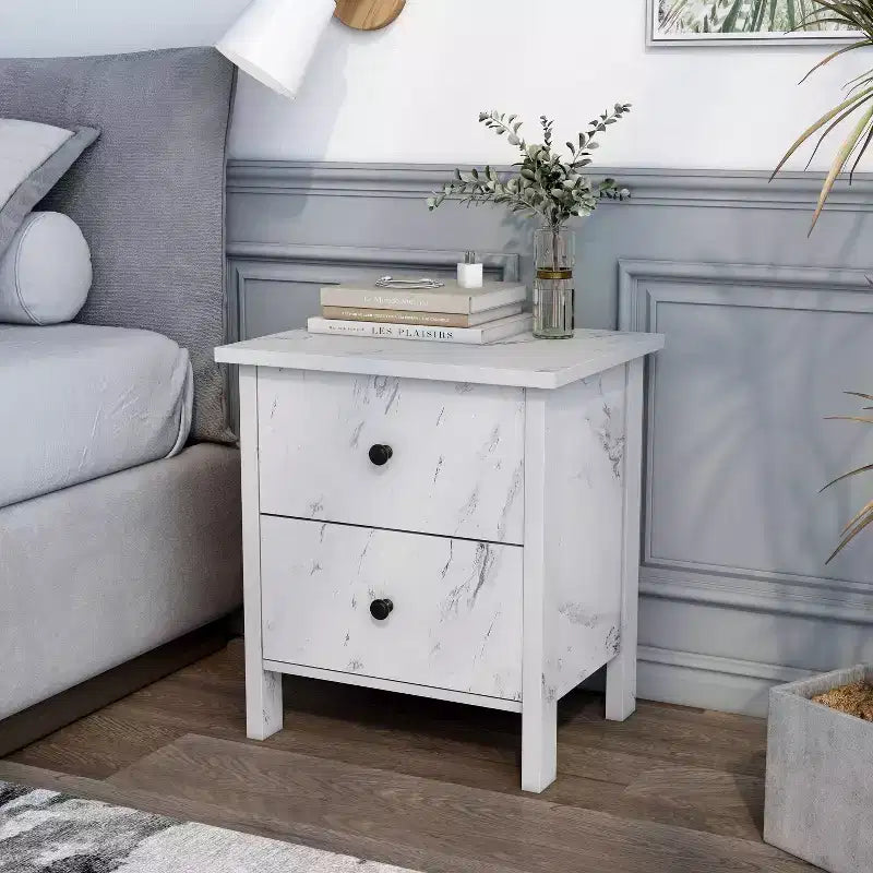 Comodino Fichte a 2 cassetti in finto marmo Bianco - miBasics
