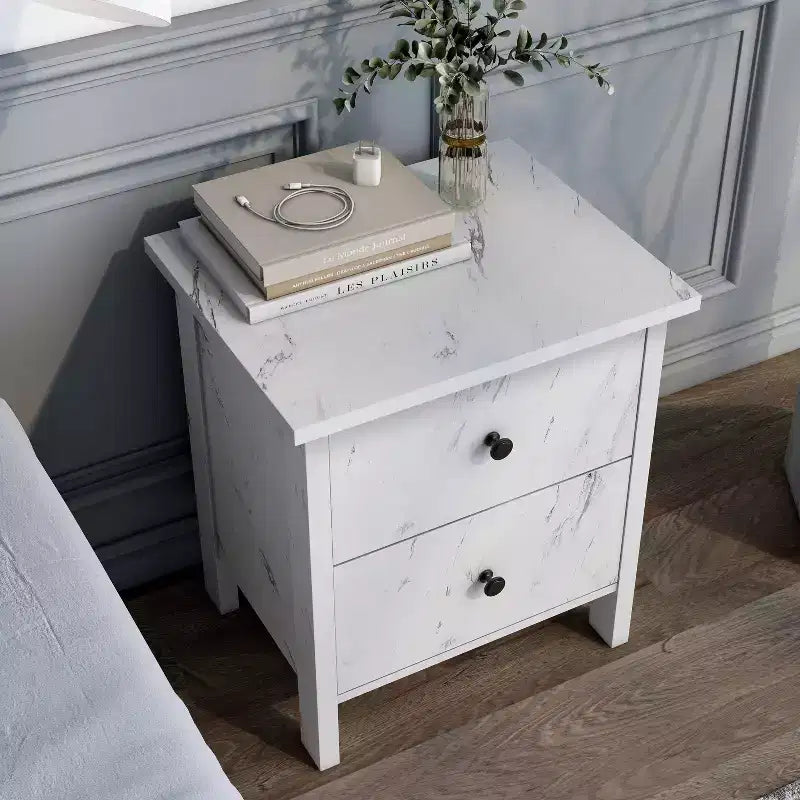 Comodino Fichte a 2 cassetti in finto marmo Bianco - miBasics