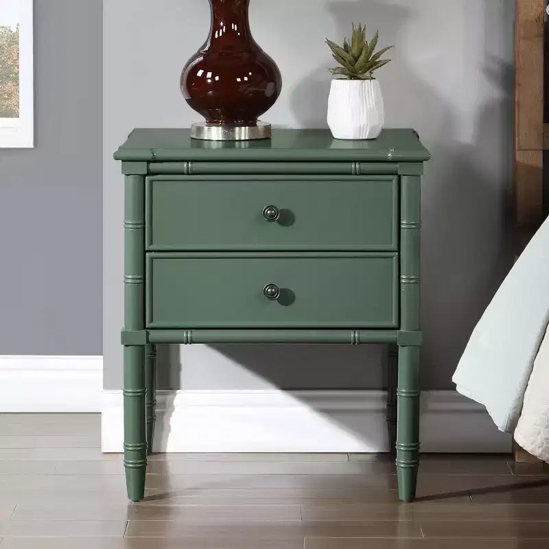 Comodino Comfort Pointe Ellison Verde Vintage: 2 Cassetti, Gambe in Stile Bambù, Design Nautico