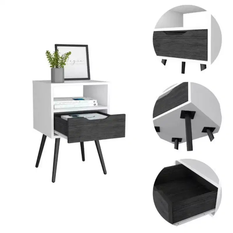 Comodino Pamplona Quercia Affumicata/Bianco - Boahaus: Design Moderno, Scaffale Aperto, Cassetto, Finitura Liscia, Ferramenta Jet Black