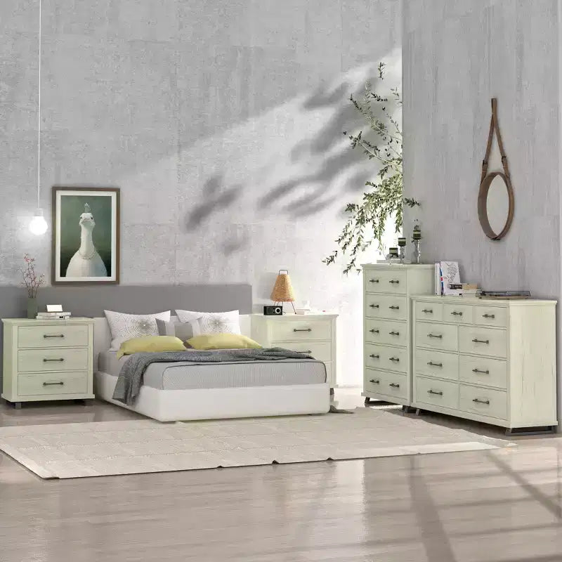 Festivo 4 pezzi Comò e comodino moderni per camera da letto Bordo segato Off-White: Include mobile contenitore e comò orizzontale