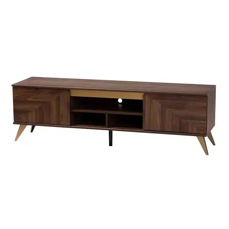 Graceland 2 Door Wooden TV Stand for TVs up to 58" Walnut Brown/Gold - Baxton Studio: Media Console with Open Shelves