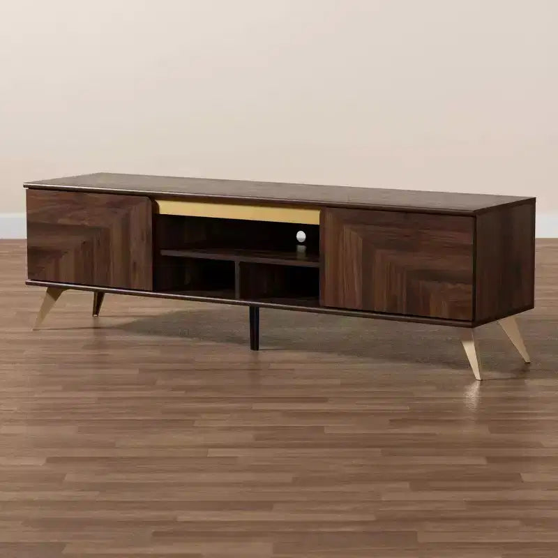 Mobile TV in Legno Graceland a 2 Ante per TV Fino a 58" Noce/Oro - Baxton Studio: Consolle Multimediale con Ripiani Aperti