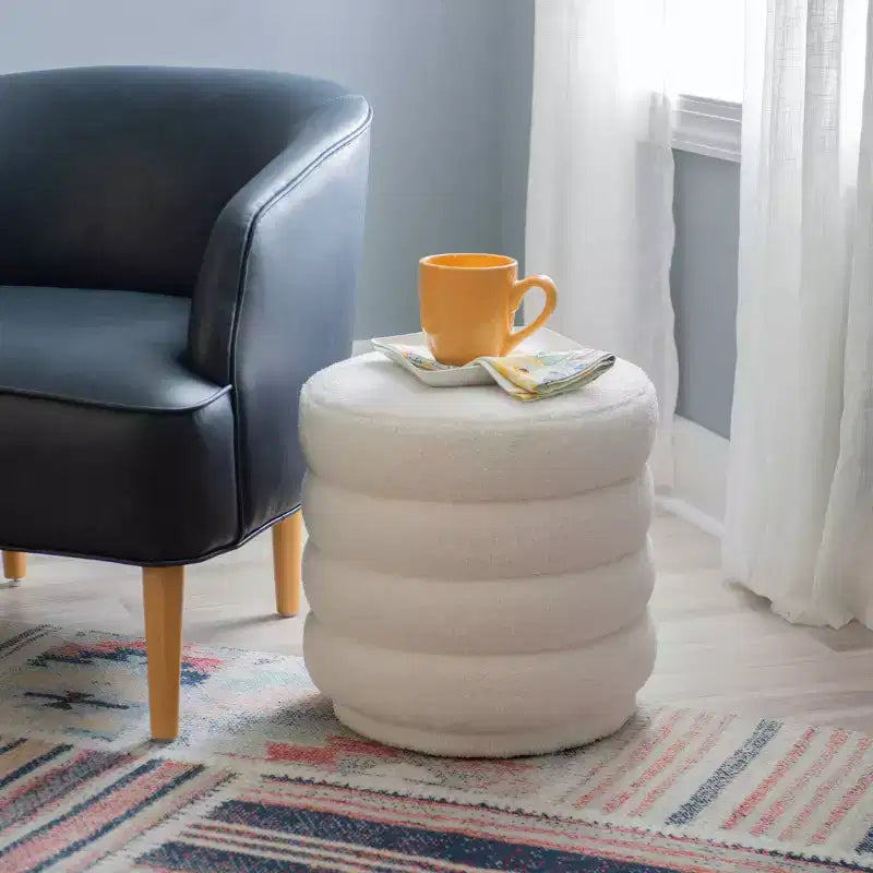 Linon 16.25" Capron Faux Shearling Round Ottoman White: Bohemian Upholstered Tufted Seat, Solid Wood Frame, 175 lb Capacity
