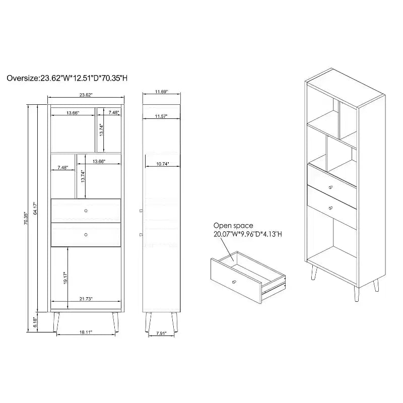 24/7 Shop At Home Kimmo Libreria Moderna Mid-Century con Ripiani Aperti e 2 Cassetti, Legno Composito MDF, Rovere Chiaro: Mobile Contenitore Verticale, 70.35"