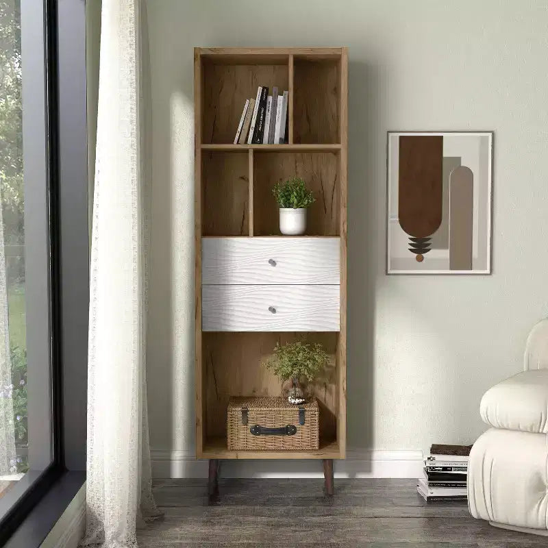 24/7 Shop At Home Kimmo Libreria Moderna Mid-Century con Ripiani Aperti e 2 Cassetti, Legno Composito MDF, Rovere Chiaro: Mobile Contenitore Verticale, 70.35"