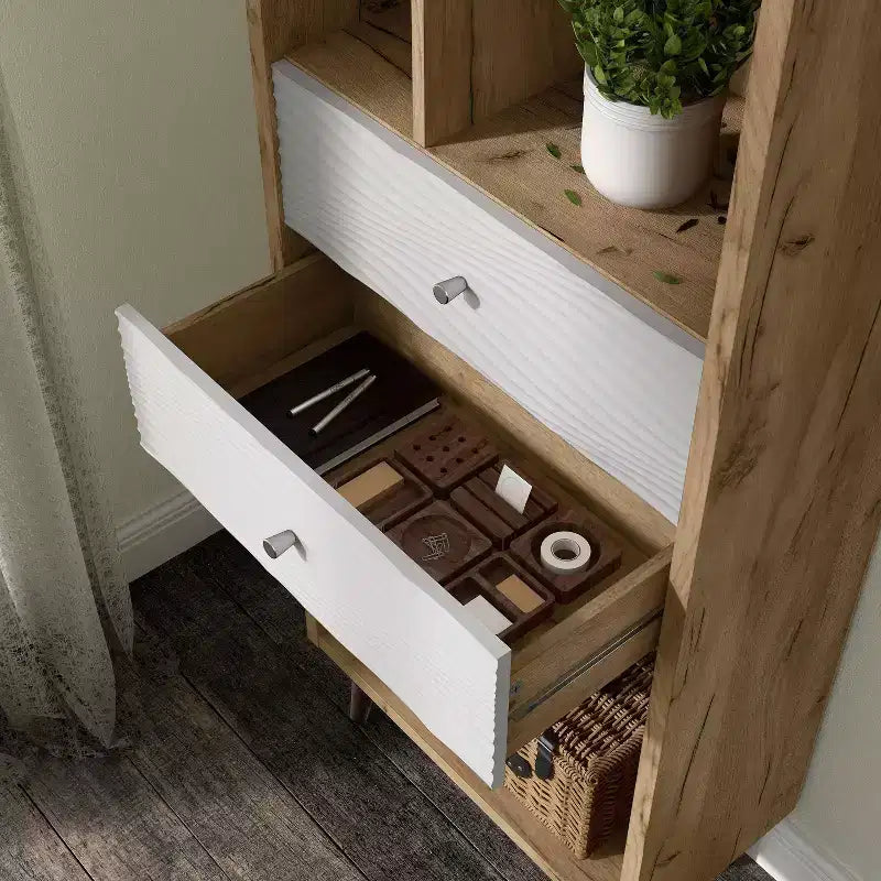 24/7 Shop At Home Kimmo Libreria Moderna Mid-Century con Ripiani Aperti e 2 Cassetti, Legno Composito MDF, Rovere Chiaro: Mobile Contenitore Verticale, 70.35"
