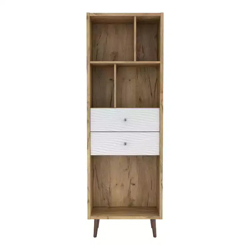 24/7 Shop At Home Kimmo Libreria Moderna Mid-Century con Ripiani Aperti e 2 Cassetti, Legno Composito MDF, Rovere Chiaro: Mobile Contenitore Verticale, 70.35"