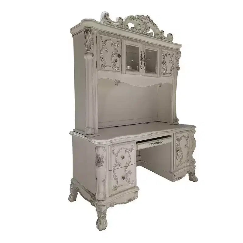 88" Dresden Desks Bone White Finish - Acme Furniture: Claw Feet, Decorative Moldings, Storage Hutch