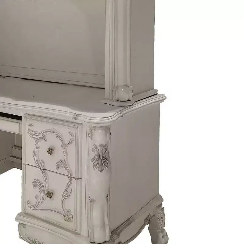 Scrivanie Dresden da 88" Finitura Bone White - Acme Furniture: Piedini a Artiglio, Modanature Decorative, Credenza con Vetrina