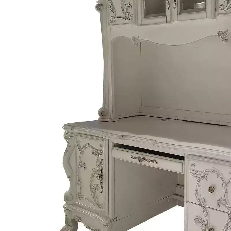 Scrivanie Dresden da 88" Finitura Bone White - Acme Furniture: Piedini a Artiglio, Modanature Decorative, Credenza con Vetrina