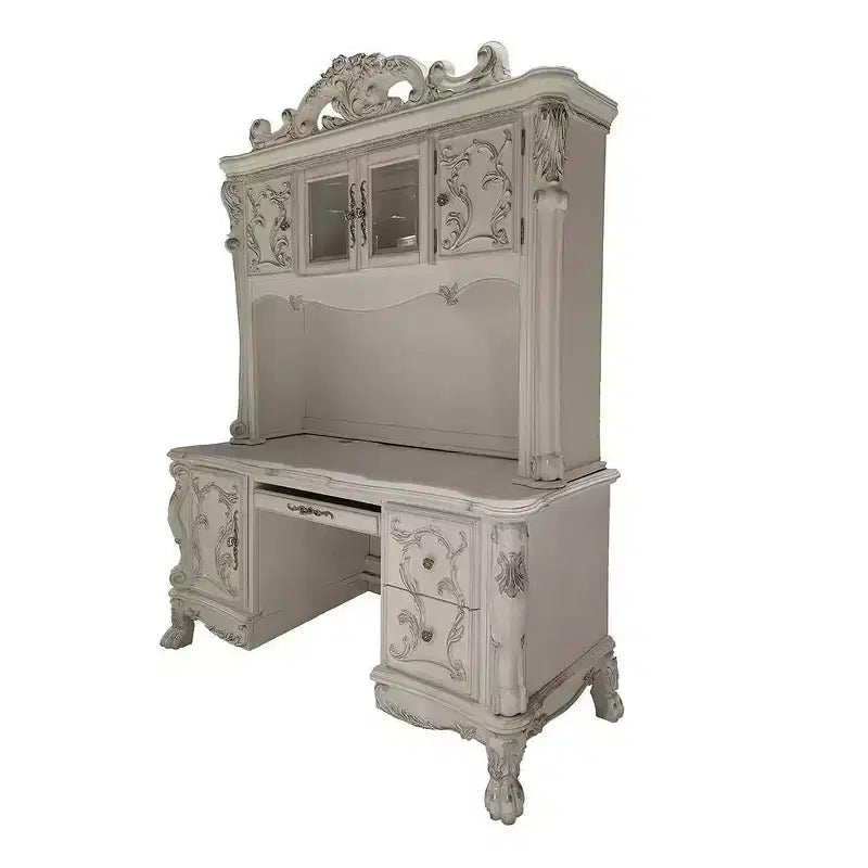 Scrivanie Dresden da 88" Finitura Bone White - Acme Furniture: Piedini a Artiglio, Modanature Decorative, Credenza con Vetrina