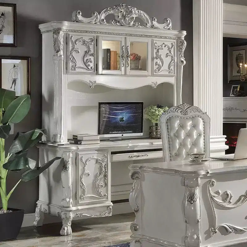 Scrivanie Dresden da 88" Finitura Bone White - Acme Furniture: Piedini a Artiglio, Modanature Decorative, Credenza con Vetrina