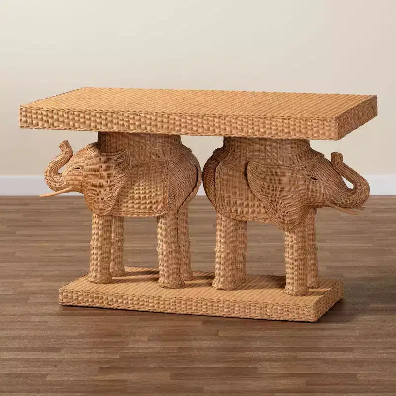 Tavolo Consolle Bali & Paris Elissa in Rattan a Forma di Elefante Miele Chiaro