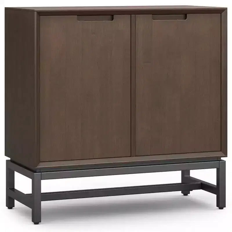 WyndenHall Devlin Low Storage Cabinet Walnut Brown: Modern Lacquered Rubberwood, 2 Adjustable Shelves