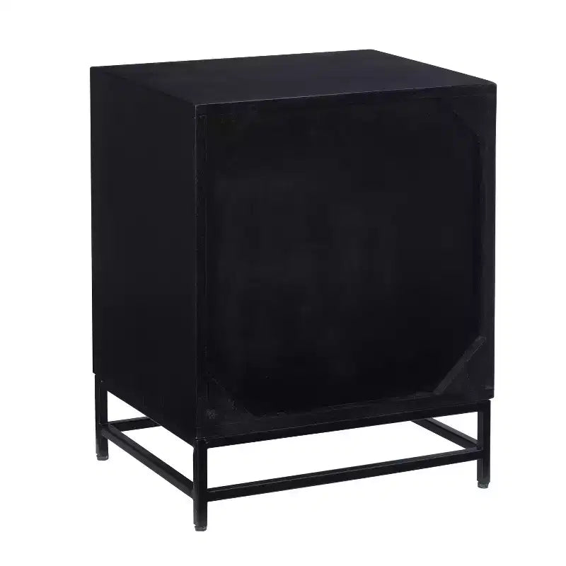 Powell Gordon Tavolino d'appoggio in Legno Massello e Rattan con Gambe in Metallo Nero a 2 Cassetti Nero: Legno di Mango, Contenitore, Design Moderno