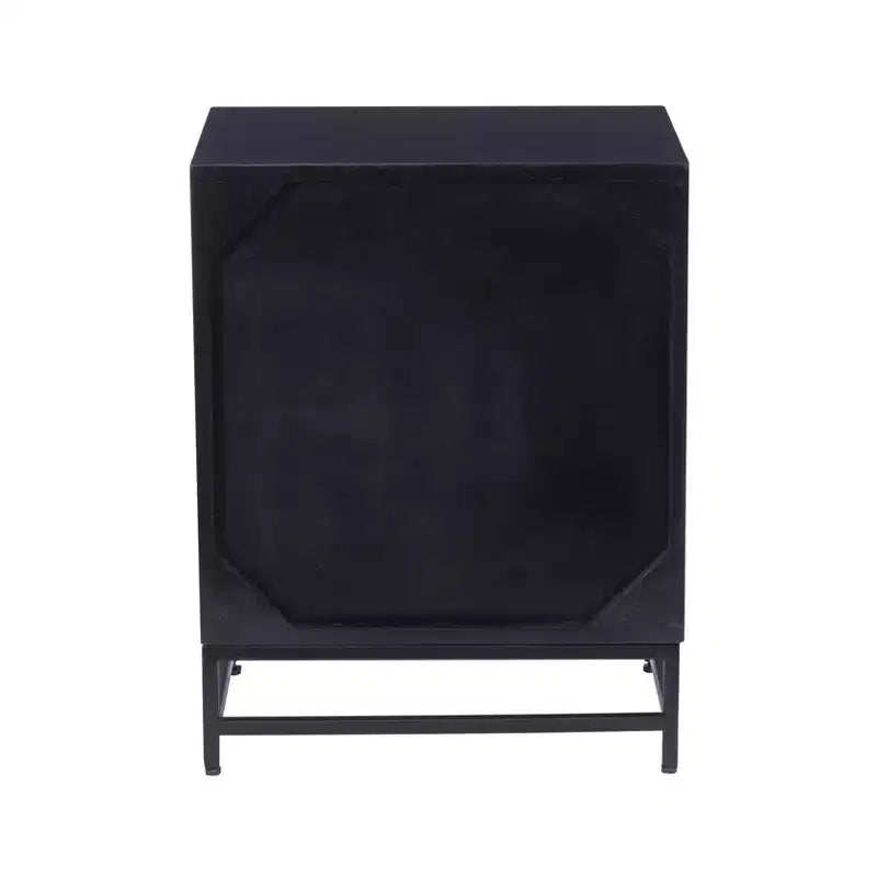 Powell Gordon Tavolino d'appoggio in Legno Massello e Rattan con Gambe in Metallo Nero a 2 Cassetti Nero: Legno di Mango, Contenitore, Design Moderno
