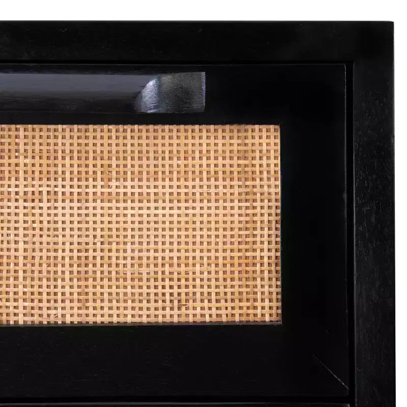 Powell Gordon Tavolino d'appoggio in Legno Massello e Rattan con Gambe in Metallo Nero a 2 Cassetti Nero: Legno di Mango, Contenitore, Design Moderno