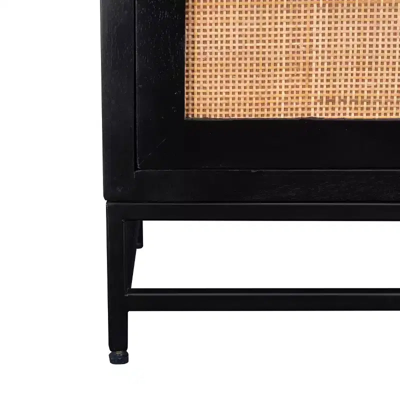 Powell Gordon Tavolino d'appoggio in Legno Massello e Rattan con Gambe in Metallo Nero a 2 Cassetti Nero: Legno di Mango, Contenitore, Design Moderno