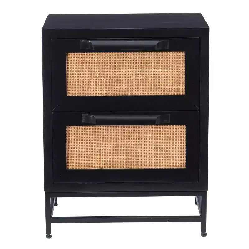 Powell Gordon Tavolino d'appoggio in Legno Massello e Rattan con Gambe in Metallo Nero a 2 Cassetti Nero: Legno di Mango, Contenitore, Design Moderno