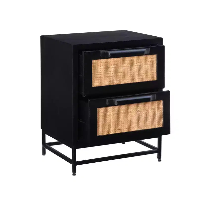 Powell Gordon Tavolino d'appoggio in Legno Massello e Rattan con Gambe in Metallo Nero a 2 Cassetti Nero: Legno di Mango, Contenitore, Design Moderno