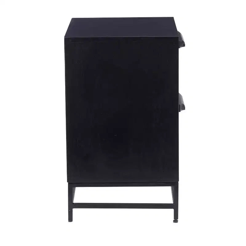 Powell Gordon Tavolino d'appoggio in Legno Massello e Rattan con Gambe in Metallo Nero a 2 Cassetti Nero: Legno di Mango, Contenitore, Design Moderno