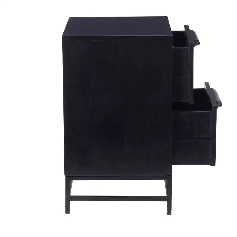 Powell Gordon Tavolino d'appoggio in Legno Massello e Rattan con Gambe in Metallo Nero a 2 Cassetti Nero: Legno di Mango, Contenitore, Design Moderno