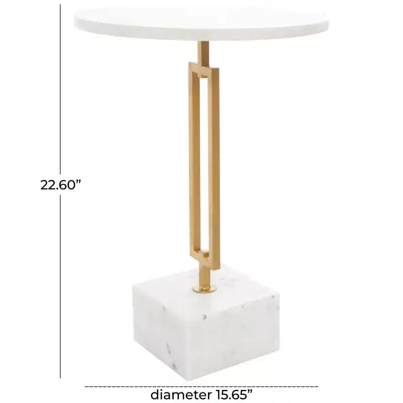 Tavolino d'appoggio geometrico Olivia & May in marmo con supporto rettangolare in metallo dorato bianco: Elegante piedistallo in ferro