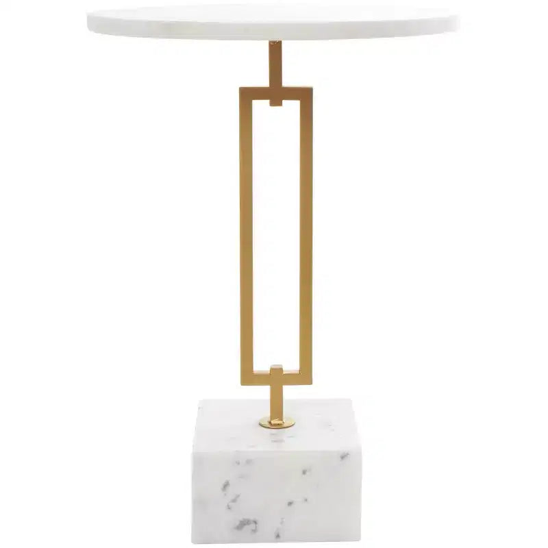 Tavolino d'appoggio geometrico Olivia & May in marmo con supporto rettangolare in metallo dorato bianco: Elegante piedistallo in ferro