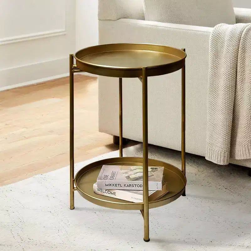 Tavolino Rotondo Urban Port da 20" con 2 Ripiani Struttura in Ferro Oro Opaco