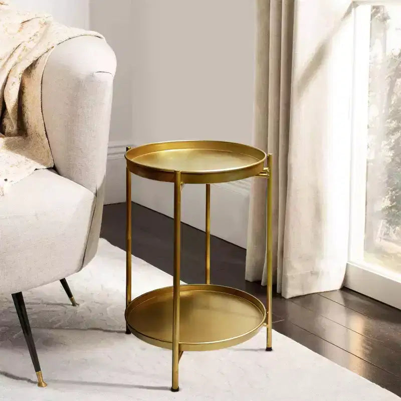 Tavolino Rotondo Urban Port da 20" con 2 Ripiani Struttura in Ferro Oro Opaco