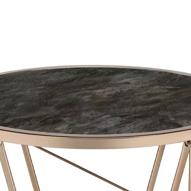 22" Tavolino Accent Cicatrix Effetto Marmo Nero Piano in Vetro Finitura Champagne - Acme Furniture: Rotondo, Nessun Montaggio, Struttura in Metallo