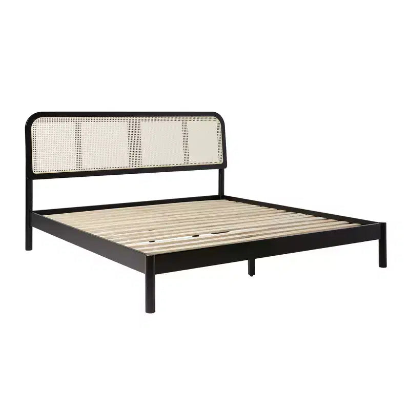 Saracina Home King Rattan Headboard Bed Black: Transitional Bohemian Style, Solid Pattern, 500 lb Capacity, Unupholstered