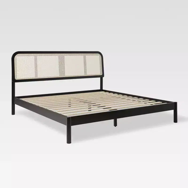 Saracina Home Letto Matrimoniale King con Testiera in Rattan Nera: Stile Bohemien Transizionale, Motivo Solido, Capacità 227 kg, Non Imbottito