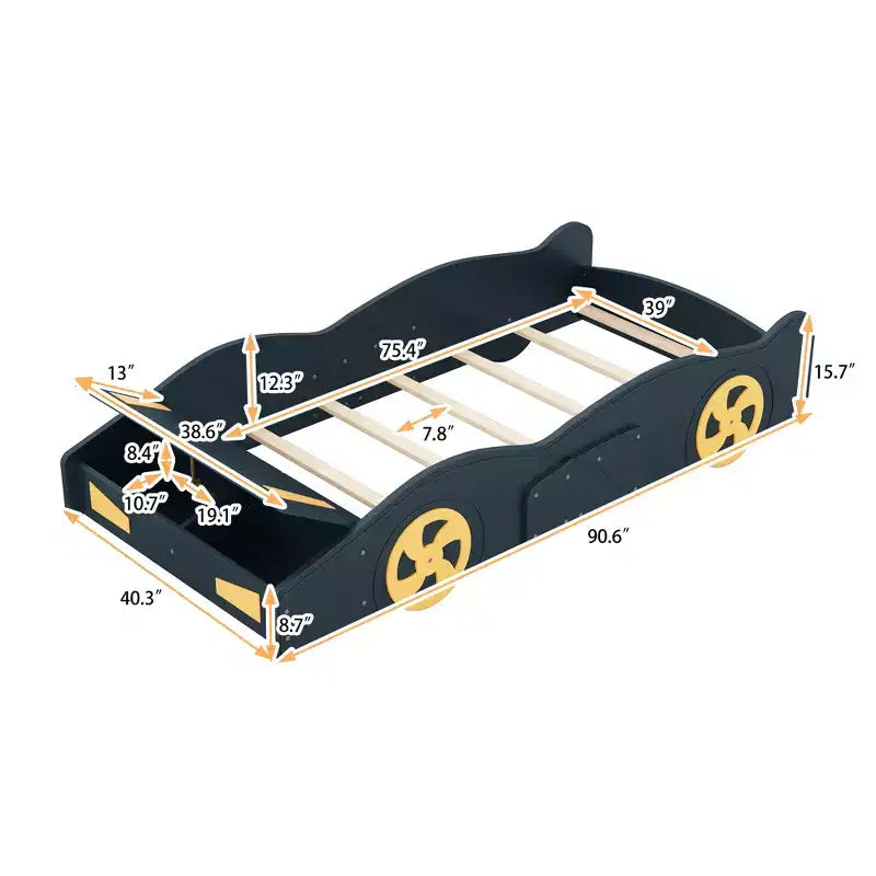 Letto a piattaforma a forma di auto da corsa con ruote e contenitore - ModernLuxe